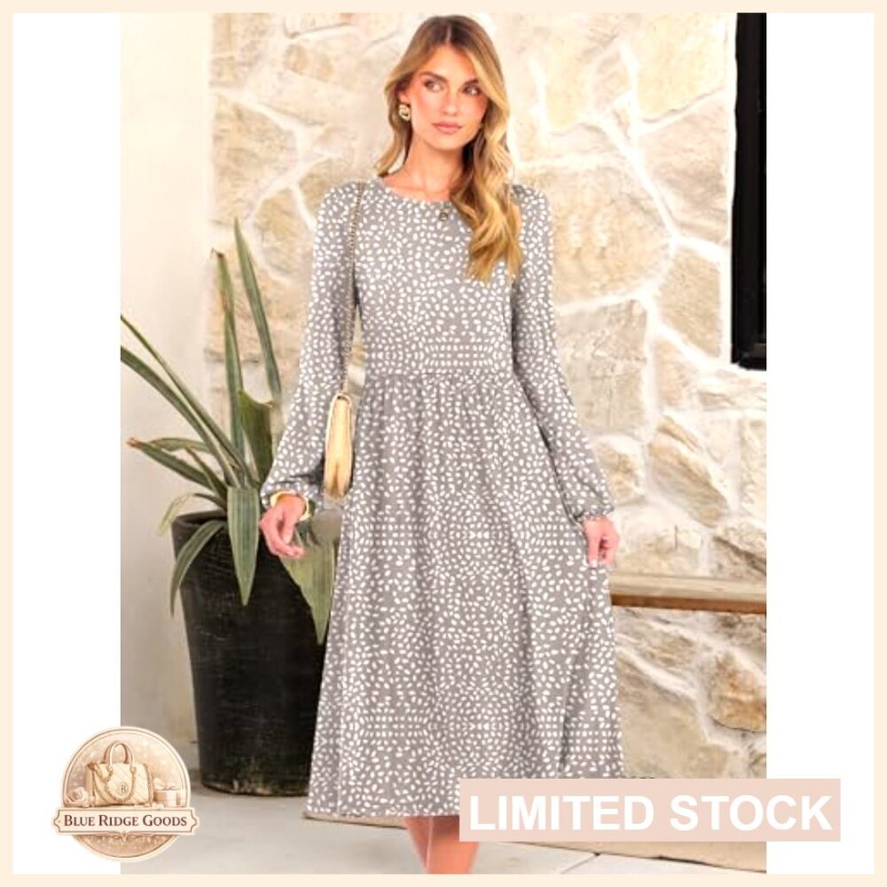 Long Sleeve Midi Dress Flowy A-Line Casual Elegant Fall Fashion with Pocket - Picture 2 of 7